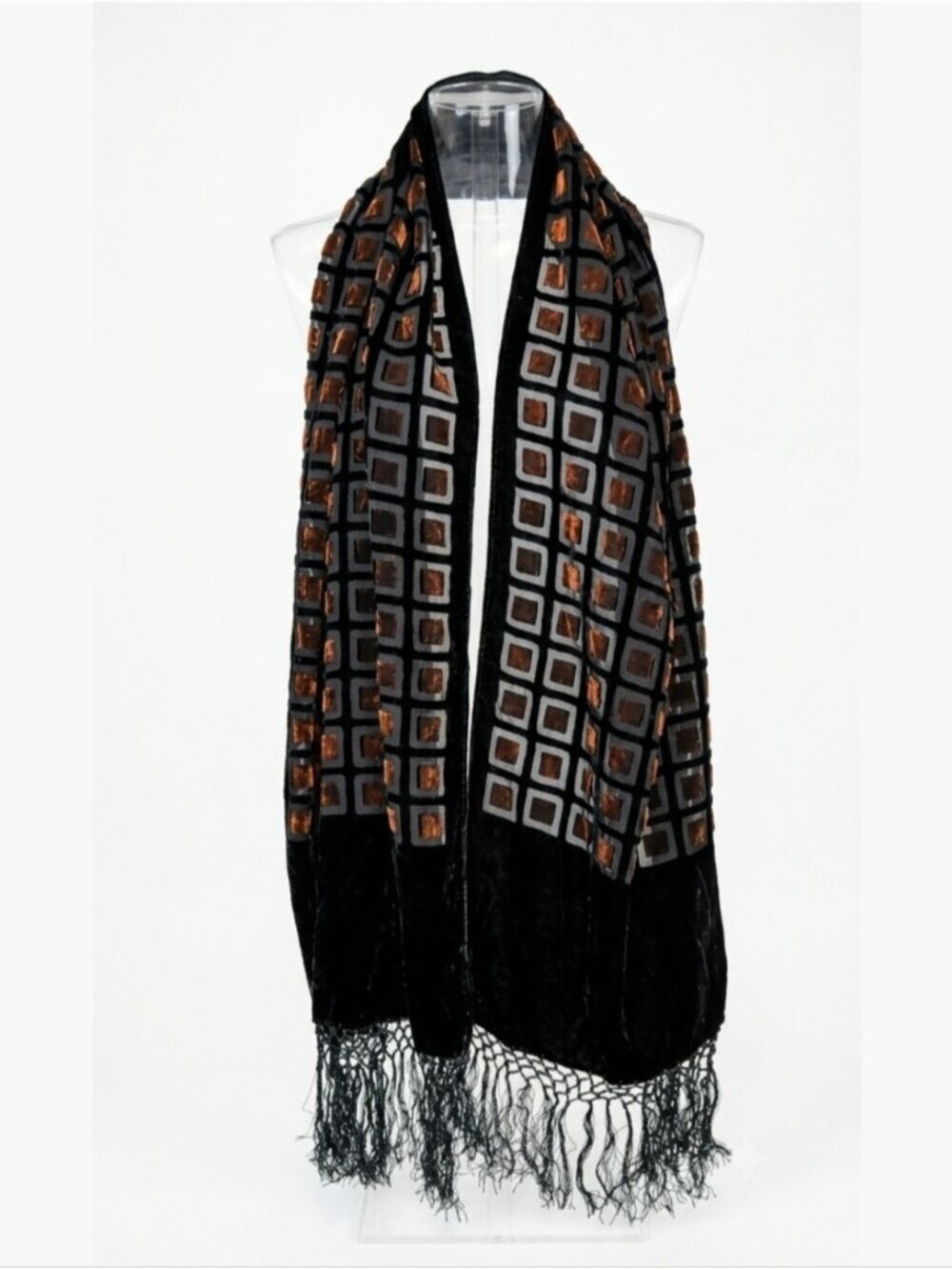Vintage Y2K Silk Blend Burnout Velvet Scarf Fringe Geo Black Copper Luxe Wrap